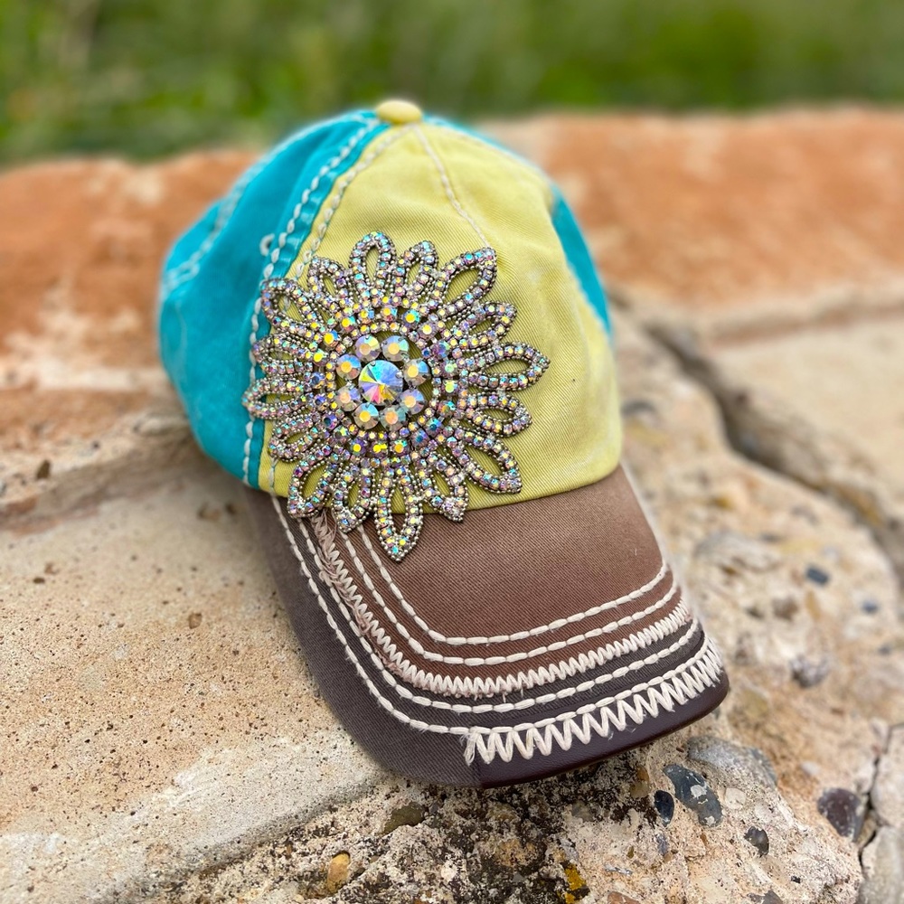 Rhinestone Flower Turquoise Yellow Brown Ball Cap Hat